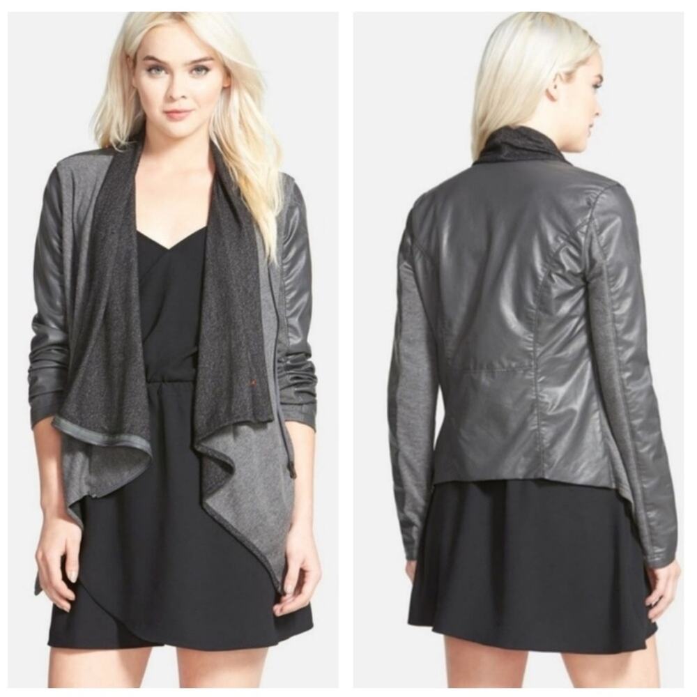 Blank NYC Private Practice Mixed Media Drape Zip Jacket Grey Medium Faux Leather